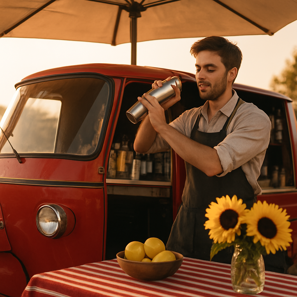 Mixologist shaking a cocktail behind the red Piaggio APE bar