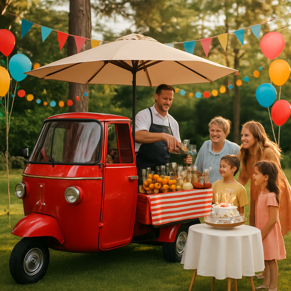 Piaggio APE cocktail bar at a birthday garden party